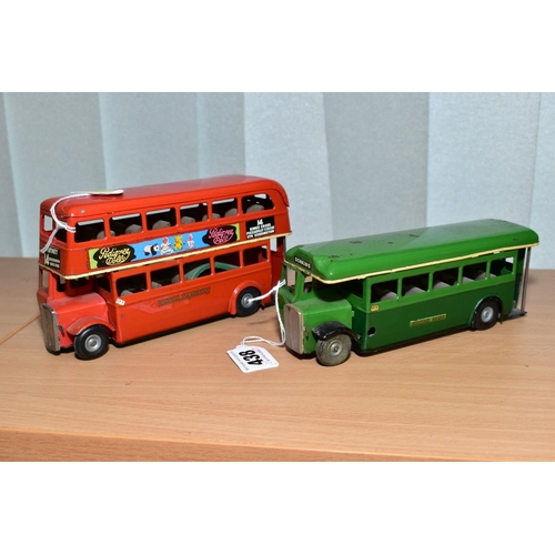 438 - TWO TRI-ANG MINIC BUSES, friction drive Double Decker No. 60M, red London Transport livery with crea... 