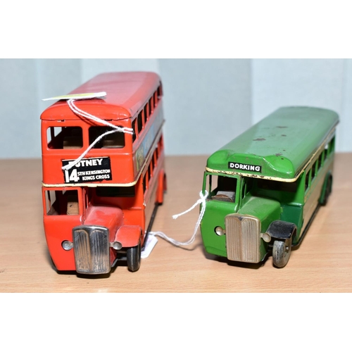 438 - TWO TRI-ANG MINIC BUSES, friction drive Double Decker No. 60M, red London Transport livery with crea... 