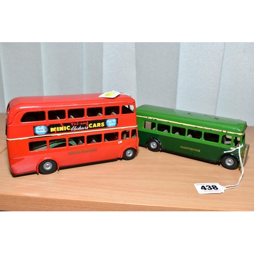 438 - TWO TRI-ANG MINIC BUSES, friction drive Double Decker No. 60M, red London Transport livery with crea... 