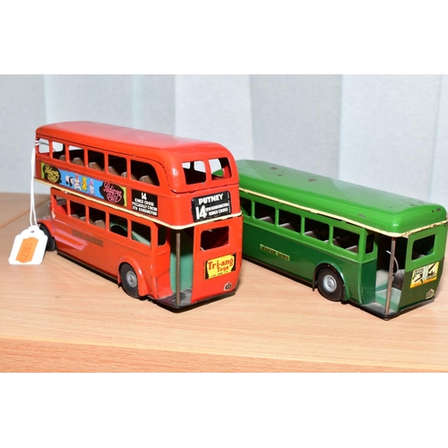 438 - TWO TRI-ANG MINIC BUSES, friction drive Double Decker No. 60M, red London Transport livery with crea... 