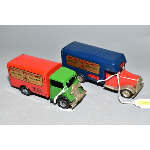 441 - TWO UNBOXED TRI-ANG MINIC VANS, both with Tri-ang and Minic Transport decals in fairly good conditio... 