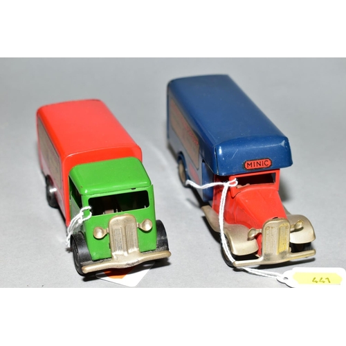 441 - TWO UNBOXED TRI-ANG MINIC VANS, both with Tri-ang and Minic Transport decals in fairly good conditio... 