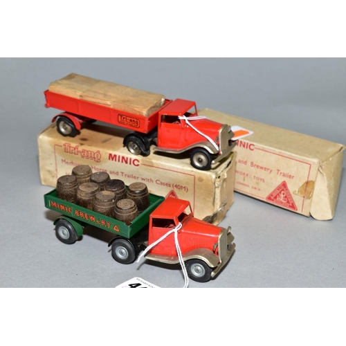 442 - A BOXED TRI-ANG MINIC MECHANICAL HORSE AND BREWERY TRAILER NO. 72M, red cab with green trailer compl... 