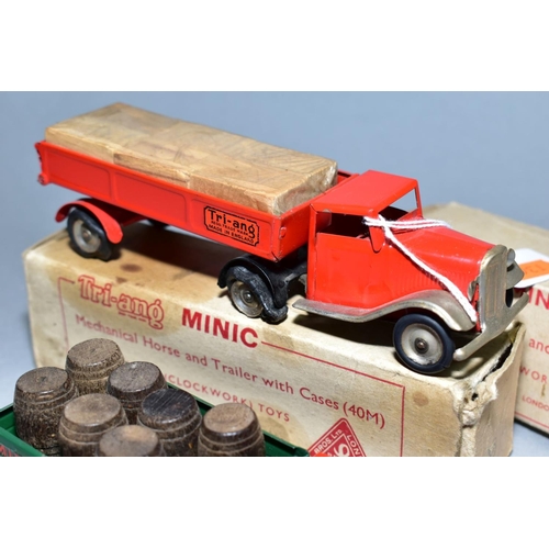 442 - A BOXED TRI-ANG MINIC MECHANICAL HORSE AND BREWERY TRAILER NO. 72M, red cab with green trailer compl... 