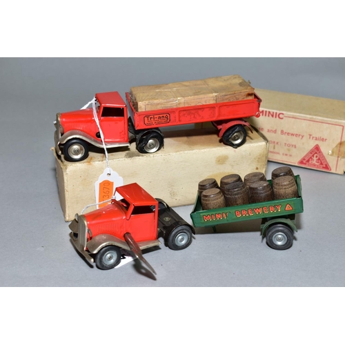 442 - A BOXED TRI-ANG MINIC MECHANICAL HORSE AND BREWERY TRAILER NO. 72M, red cab with green trailer compl... 