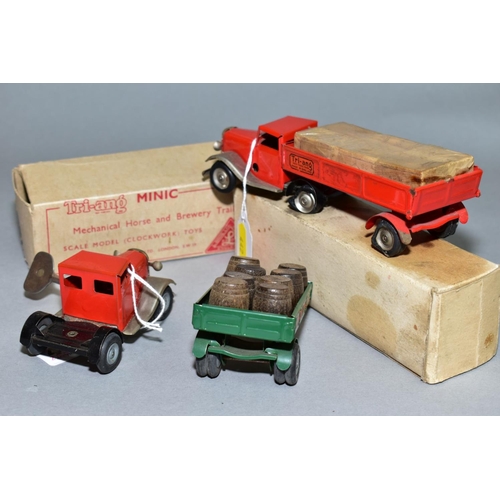 442 - A BOXED TRI-ANG MINIC MECHANICAL HORSE AND BREWERY TRAILER NO. 72M, red cab with green trailer compl... 