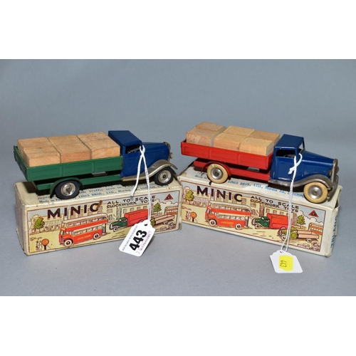 443 - TWO BOXED TRI-ANG MINIC DELIVERY LORRY/DELIVERY LORRY WITH CASES, No. 25M, one with blue cab, red bo... 