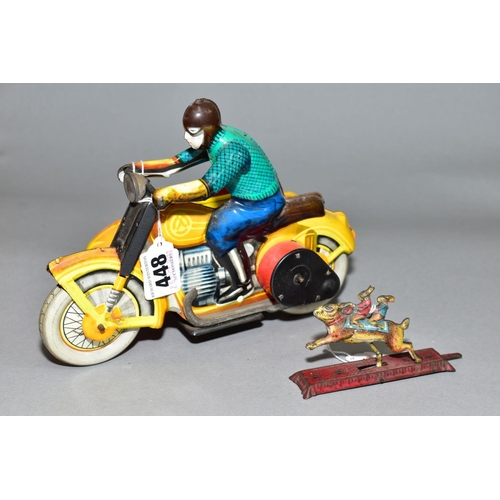 448 - A TINPLATE CLOCKWORK MOTORBIKE AND SIDECAR, not marked, possibly Russian, playworn condition, some f... 