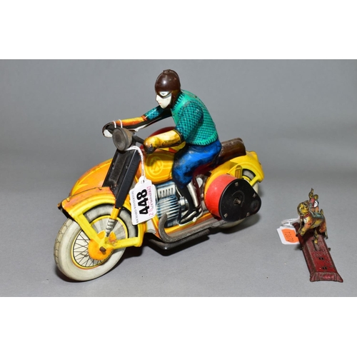 448 - A TINPLATE CLOCKWORK MOTORBIKE AND SIDECAR, not marked, possibly Russian, playworn condition, some f... 