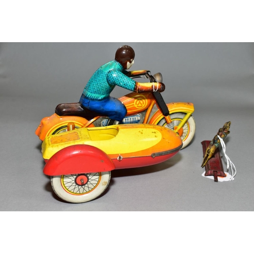 448 - A TINPLATE CLOCKWORK MOTORBIKE AND SIDECAR, not marked, possibly Russian, playworn condition, some f... 