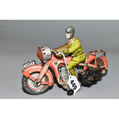 449 - AN ARNOLD TINPLATE CLOCKWORK MOTORBIKE, playworn condition but appears largely complete, some fading... 