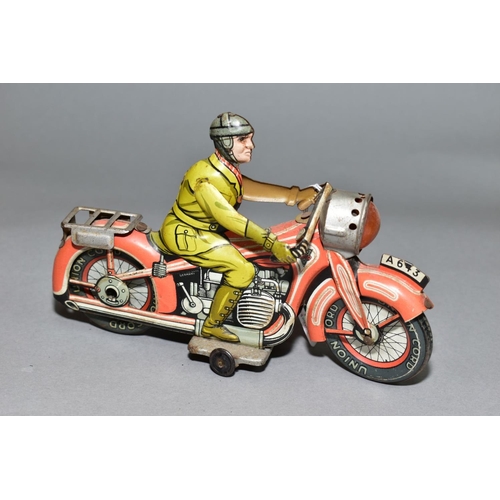 449 - AN ARNOLD TINPLATE CLOCKWORK MOTORBIKE, playworn condition but appears largely complete, some fading... 