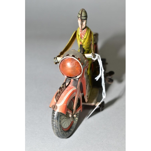 449 - AN ARNOLD TINPLATE CLOCKWORK MOTORBIKE, playworn condition but appears largely complete, some fading... 