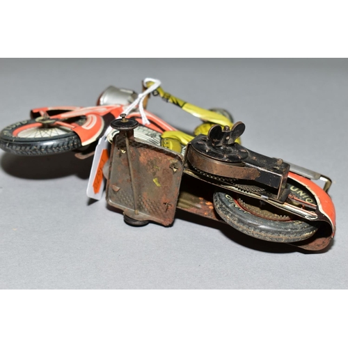 449 - AN ARNOLD TINPLATE CLOCKWORK MOTORBIKE, playworn condition but appears largely complete, some fading... 