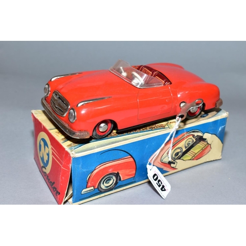 450 - A BOXED JNF CONDOR TINPLATE CLOCKWORK RACING CAR, red with brown interior, lightly playworn conditio... 