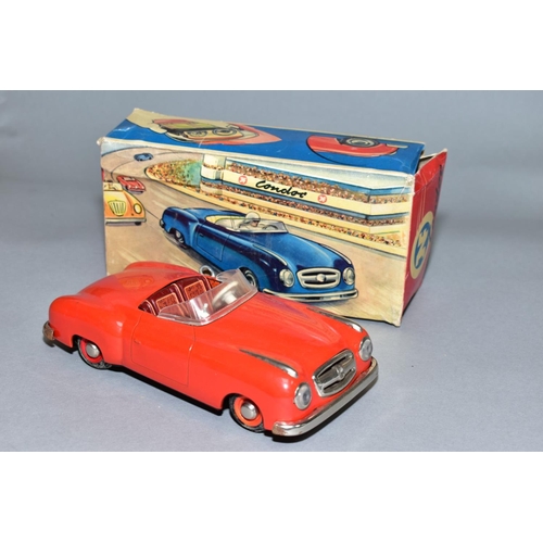 450 - A BOXED JNF CONDOR TINPLATE CLOCKWORK RACING CAR, red with brown interior, lightly playworn conditio... 