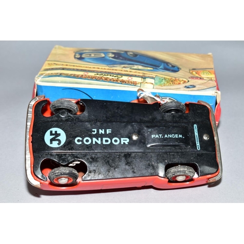 450 - A BOXED JNF CONDOR TINPLATE CLOCKWORK RACING CAR, red with brown interior, lightly playworn conditio... 