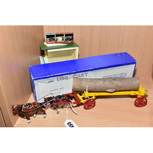 455 - A BOXED CHARBENS HORSE DRAWN LOG WAGON, yellow adjustable wagon with red wheels, some cracking and s... 