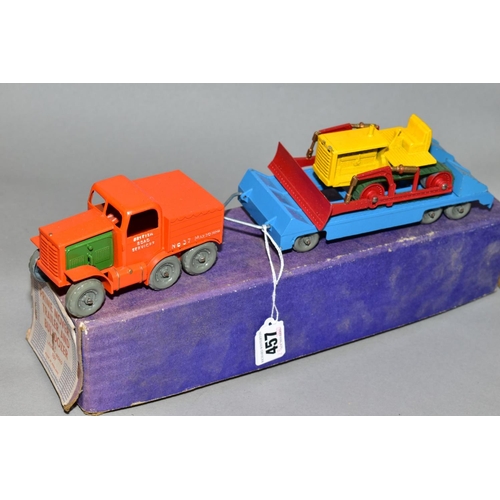 457 - A BOXED LESNEY MOKO PRIME MOVER, TRAILER AND BULLDOZER, orange prime mover with both green engine co... 