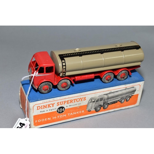 464 - A BOXED DINKY SUPERTOYS FODEN 14T TANKER, No.504, 1st type cab, red cab, chassis and hubs, silver fl... 