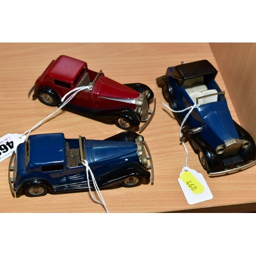 468 - THREE TRI-ANG MINIC CARS, Rolls Royce type Sedanca, No. 42M, blue body, black wings and roof, white ... 