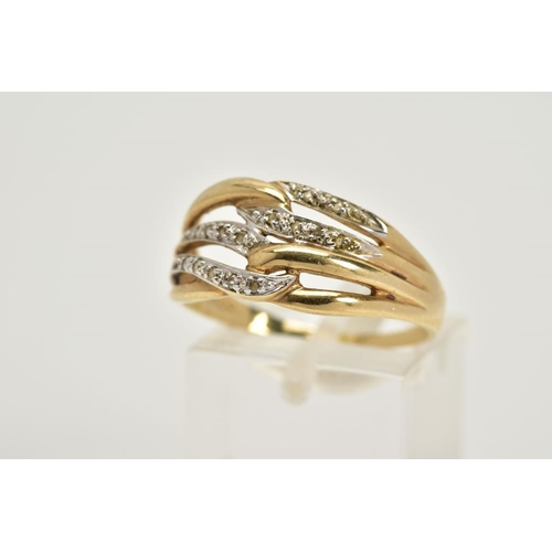 47 - A 9CT GOLD DIAMOND OPENWORK RING, designed with four interlocking openwork hoops, two hoops set with... 