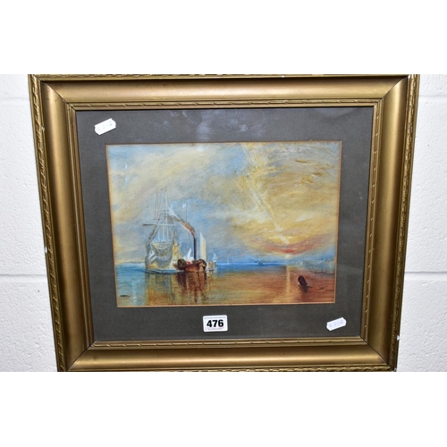 476 - IN THE MANNER OF J.M.W.TURNER 'THE FIGHTING TEMERAIRE', an unsigned watercolour on paper, mounted, f... 