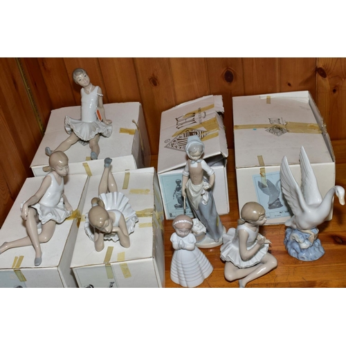 485 - SEVEN  NAO FIGURES, comprising 'Amusing Ballet' No 148, boxed, 'Pensive Ballet', No 149, boxed 'Recl... 