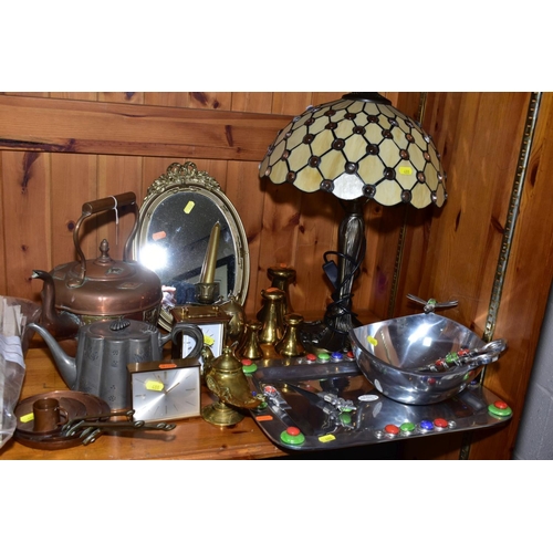 488 - A GROUP OF METALWARES, CLOCKS ETC, to include copper kettle, set of four graduated brass dumb weight... 