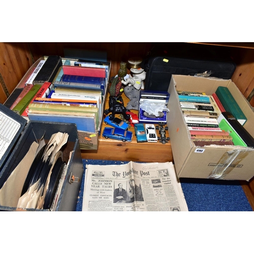 490 - THREE BOXES AND LOOSE SUNDRY ITEMS, to include books, records, briefcases, Corgi Toys 'Rolls Royce',... 