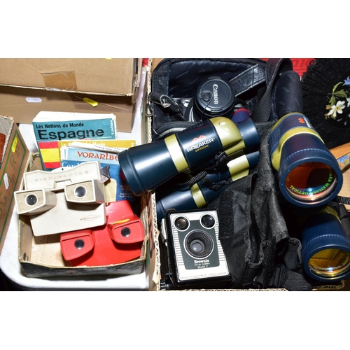 495 - TWO BOXES OF SUNDRIES, to include two View-Masters and slides, Canon EOS 500 camera and lens in soft... 