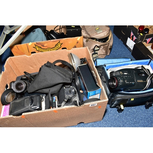 497 - TWO TRAYS AND TWO SOFT CASES containing film SLR, instant and video cameras including a Canon EOS 50... 