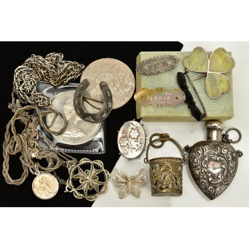 5 - A MISCELLANEOUS SELECTION OF ITEMS, to include a silver heart shaped snuff bottle, embossed with flo... 