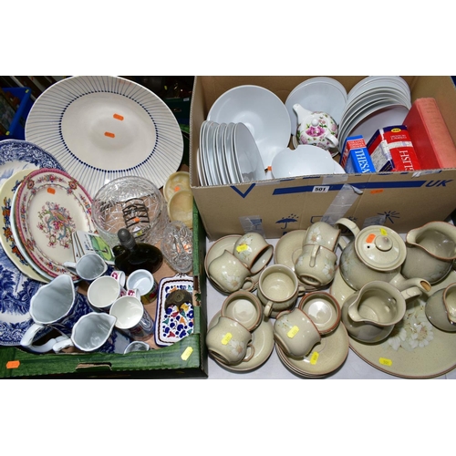 501 - TWO BOXES AND LOOSE CERAMICS, GLASS, PICTURES, BOOKS etc, to include Denby 'Daybreak' teawares, silv... 