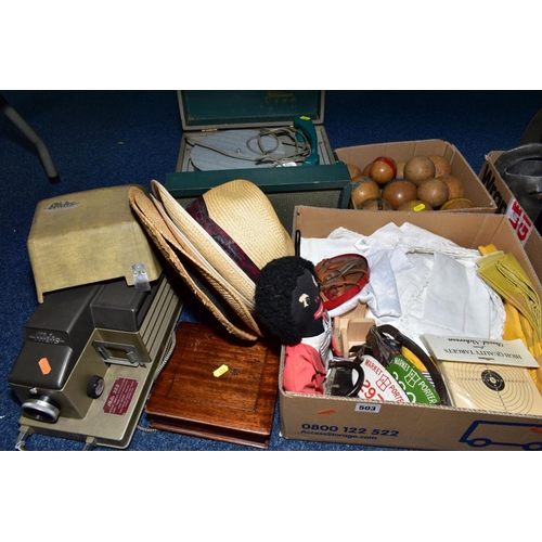 503 - TWO BOXES AND LOOSE SUNDRY ITEMS, to include Panama hats, Aldis 303 slide projector, a Webcor Lark r... 