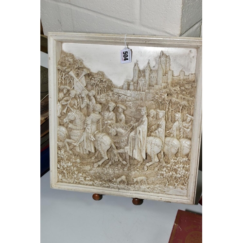 504 - D H MORETON, THREE MARCUS DESIGNS CERAMIC PLAQUES, depicting Medieval scenes, sizes 36.5cm x 34cm (t... 