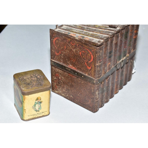 528 - A HUNTLEY & PALMERS BISCUIT TIN IN THE FORM OF A BUNDLE OF BOOKS, TIED WITH A STRAP, together with a... 