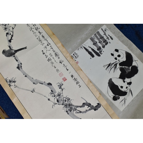 532 - TWO MID 20TH CENTURY CHINESE PAPER AND SILK SCROLLS, both mounted with hand painted monochrome scene... 