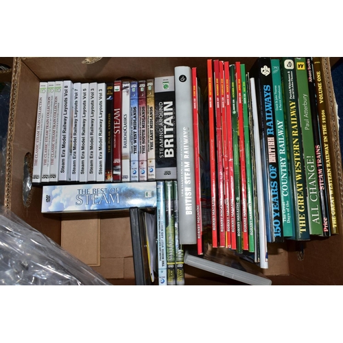 548 - FIVE BOXES OF RAILWAY RELATED BOOKS, magazines and DVD's to include Hornby magazines etc