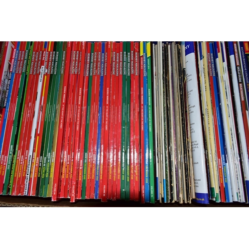 548 - FIVE BOXES OF RAILWAY RELATED BOOKS, magazines and DVD's to include Hornby magazines etc