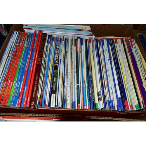 548 - FIVE BOXES OF RAILWAY RELATED BOOKS, magazines and DVD's to include Hornby magazines etc