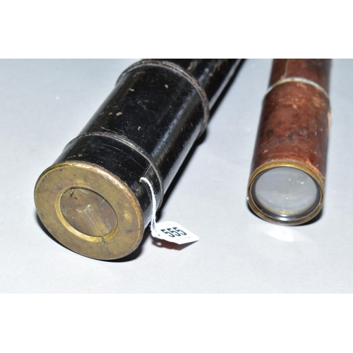 555 - A BRASS THREE DRAW TELESCOPE WITH LEATHER TO THE HOUSING, unbranded, damage to the eyepiece lens, to... 