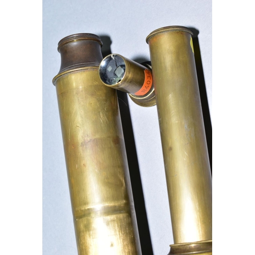 555 - A BRASS THREE DRAW TELESCOPE WITH LEATHER TO THE HOUSING, unbranded, damage to the eyepiece lens, to... 