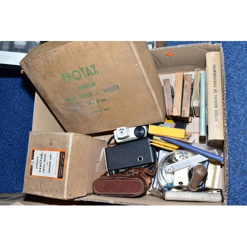 523 - A BOX OF CAMERAS AND EQUIPMENT, including a Zeiss Ikon camera with Prontor S Novar-Anastigmat 1:4,5 ... 