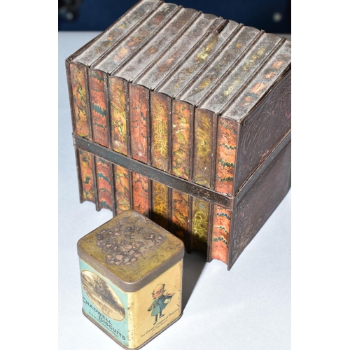 528 - A HUNTLEY & PALMERS BISCUIT TIN IN THE FORM OF A BUNDLE OF BOOKS, TIED WITH A STRAP, together with a... 