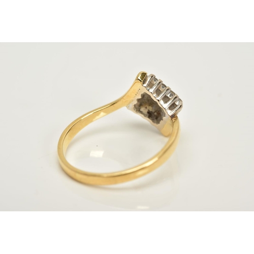 57 - AN 18CT GOLD DIAMOND RING, designed with a lozenge of single cut diamonds, crossover over shoulders,... 