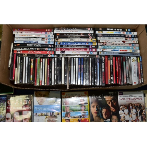 572 - THREE BOXES OF DVD'S, CD'S AND LP'S, DVD'S include box sets of Lewis, Desperate Housewives and Mad M... 