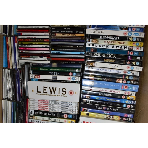 572 - THREE BOXES OF DVD'S, CD'S AND LP'S, DVD'S include box sets of Lewis, Desperate Housewives and Mad M... 