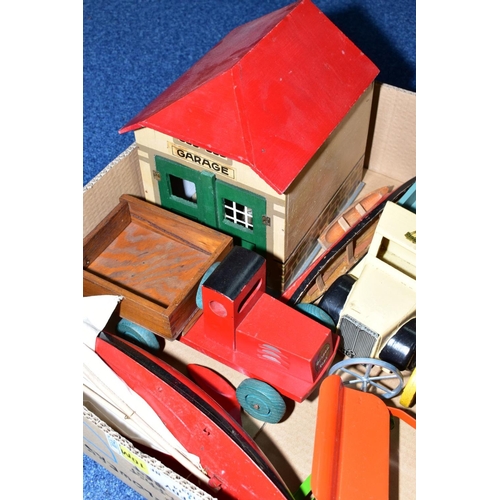 575 - A QUANTITY OF WOODEN TOYS, to include a Grace Toys Breakdown lorry, complete with working crane (rep... 