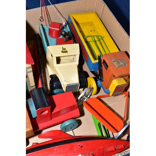 575 - A QUANTITY OF WOODEN TOYS, to include a Grace Toys Breakdown lorry, complete with working crane (rep... 